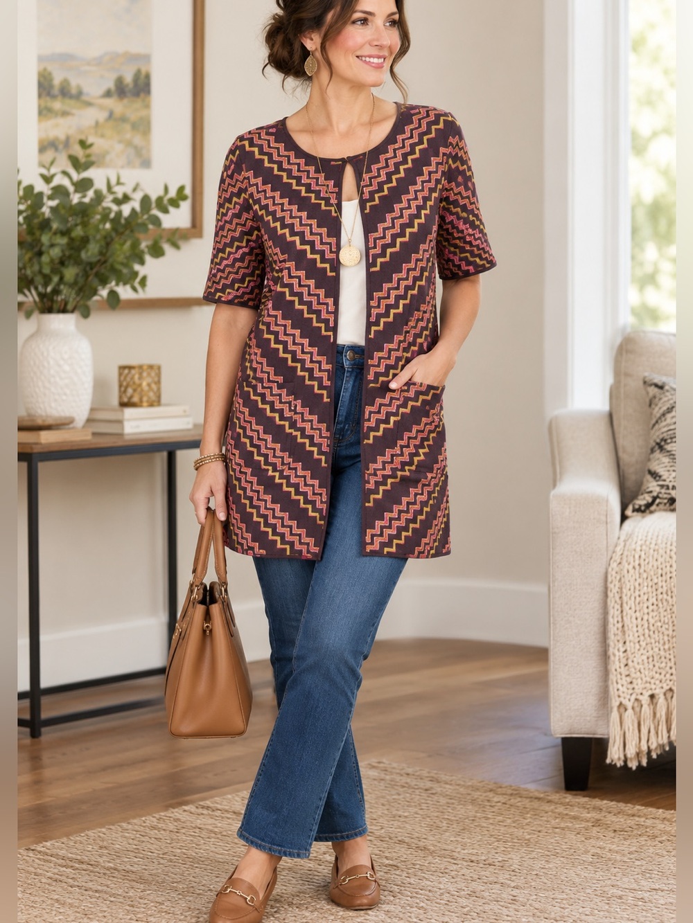 Milly zigzag chevron knit cardigan short sleeves long sweater size Small